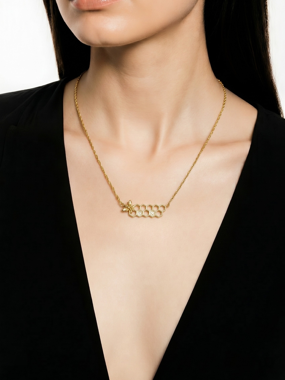 Gold Honeycomb Bee Pendant Necklace  Women Jewelry